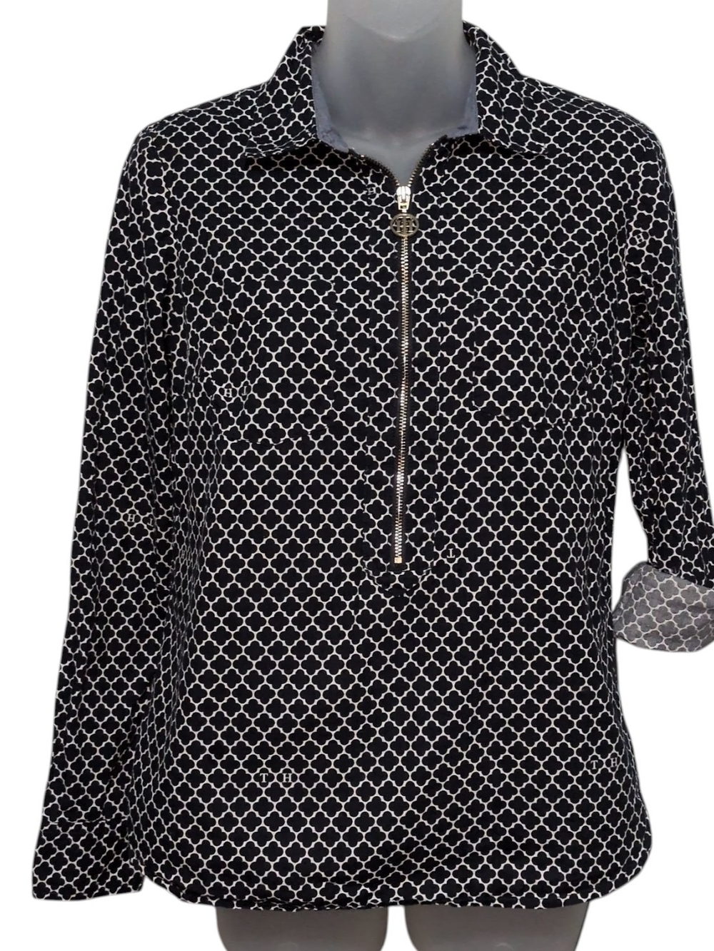 Tommy Hilfiger XS Quatrefoil Quarter-Zip Pullover Cotton Half Zip Blouse Preppy